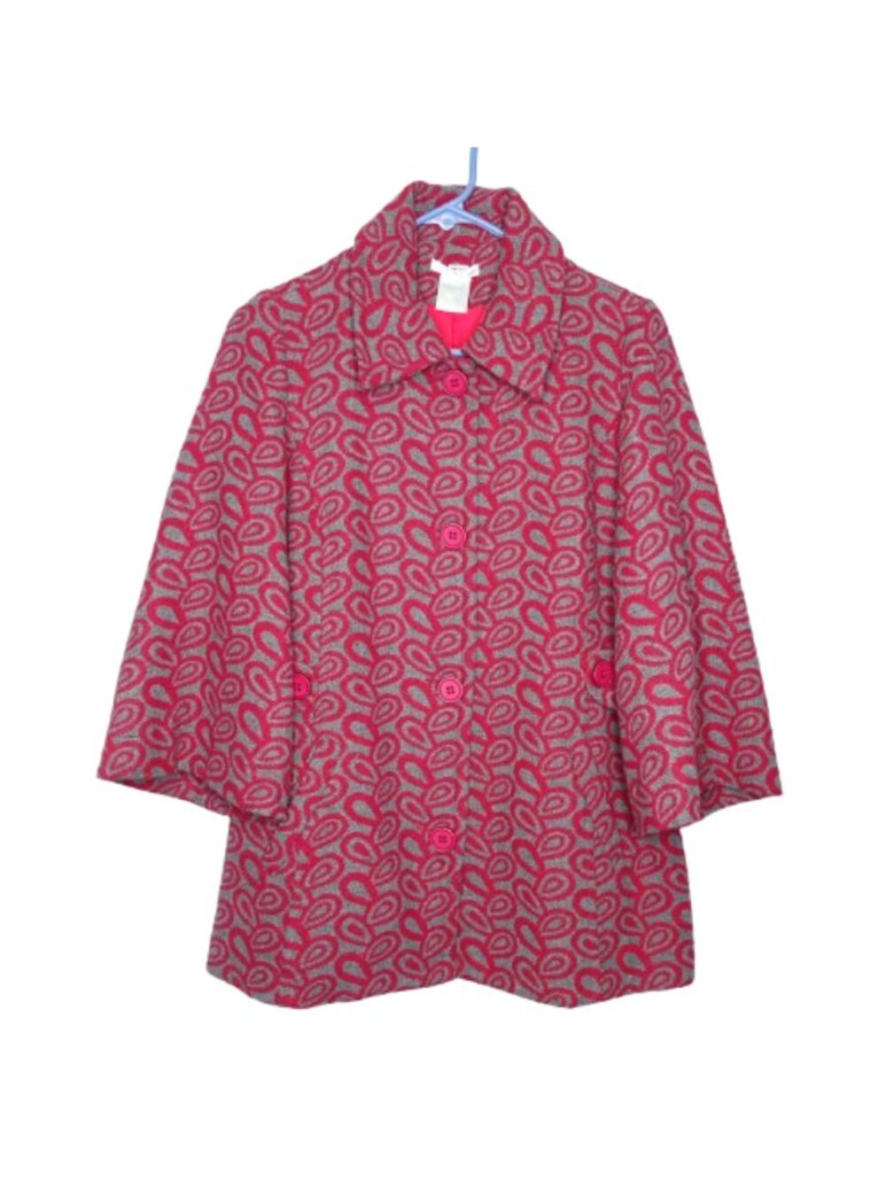 Esley Pink & Gray Print 3/4 Sleeve Pea Coat w/ Pockets - S. Polyester/Wool Blend